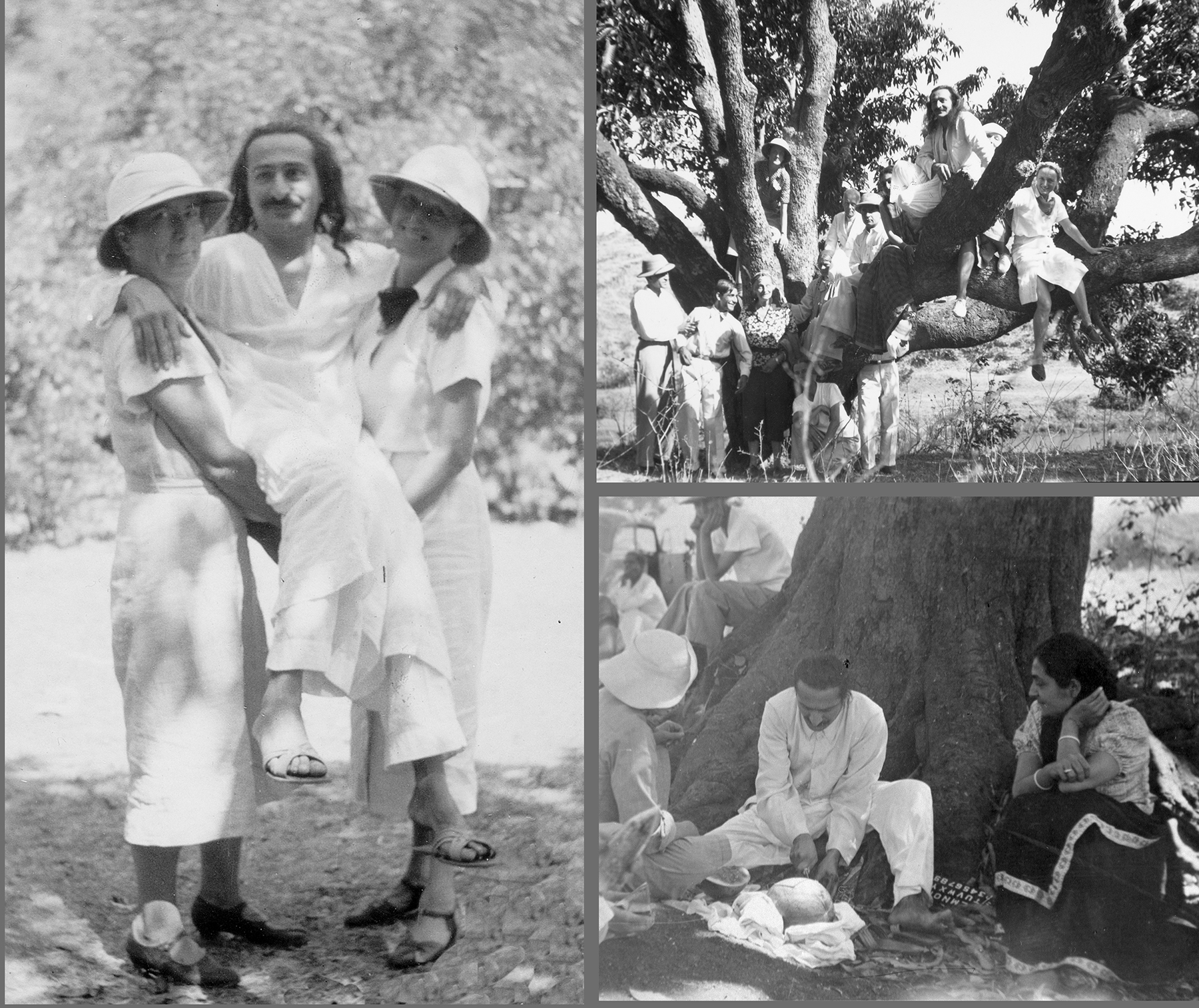 1937년 나식 근처 소풍; 키티와 마가렛이 바바를 안고 있음