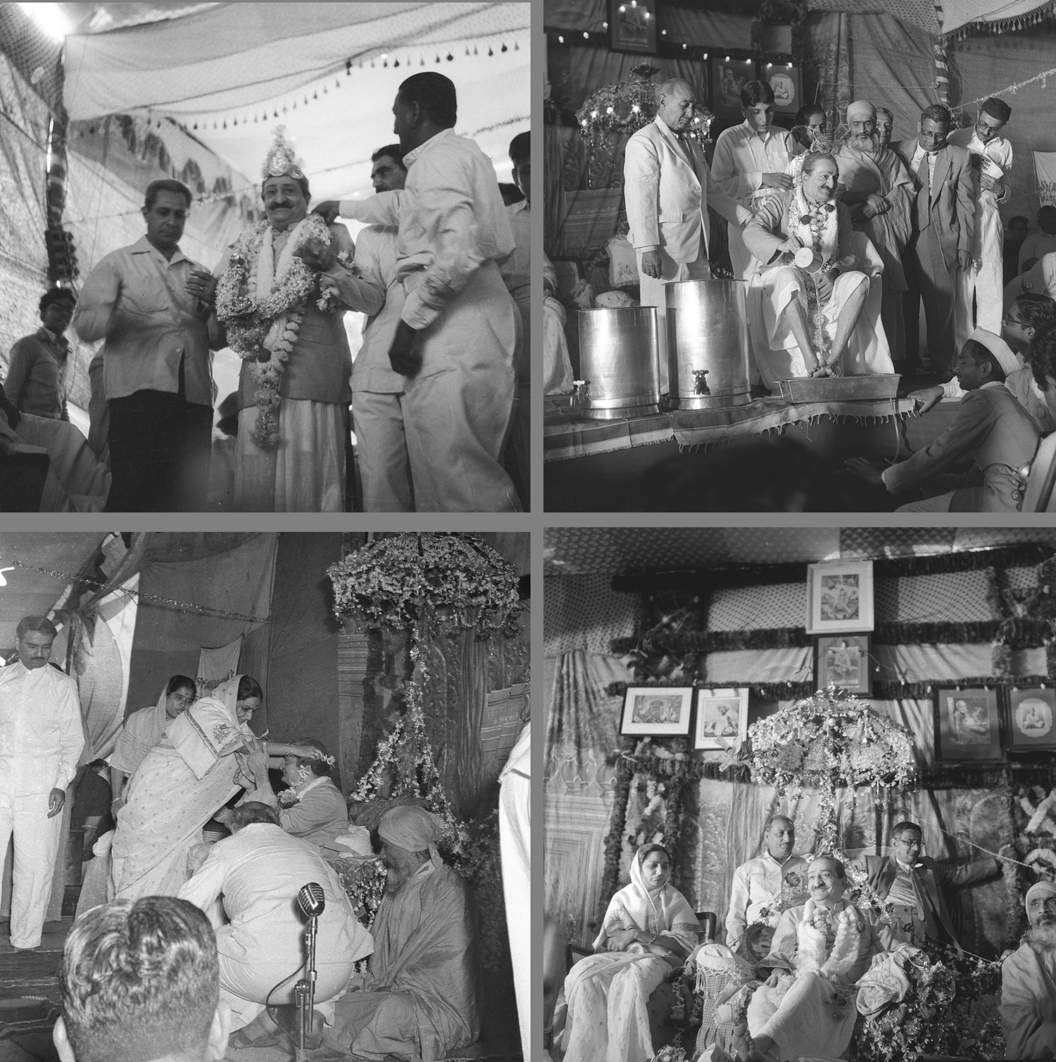 Meherabad, 25 February 1958 top: Baba washes his own  feet; bottom left: Godavri Mai garlands Baba bottom right: Godavri Mai, Sohrabji Siganporia, Dhake, Yogi Shuddhananda Bharati