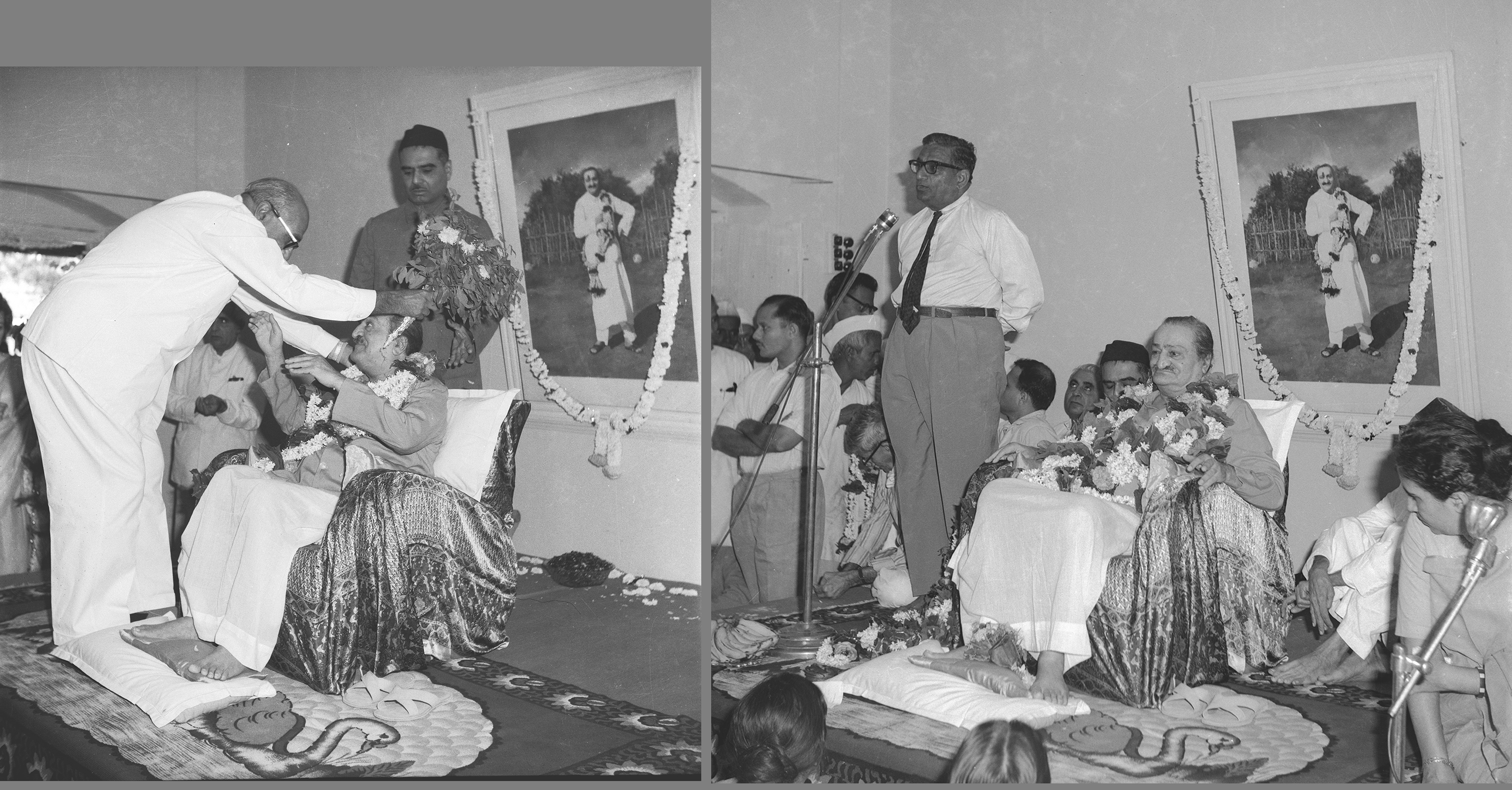 Ahmednagar Center, 17 March 1963 Sarosh garlands Baba; Dhake says a few words