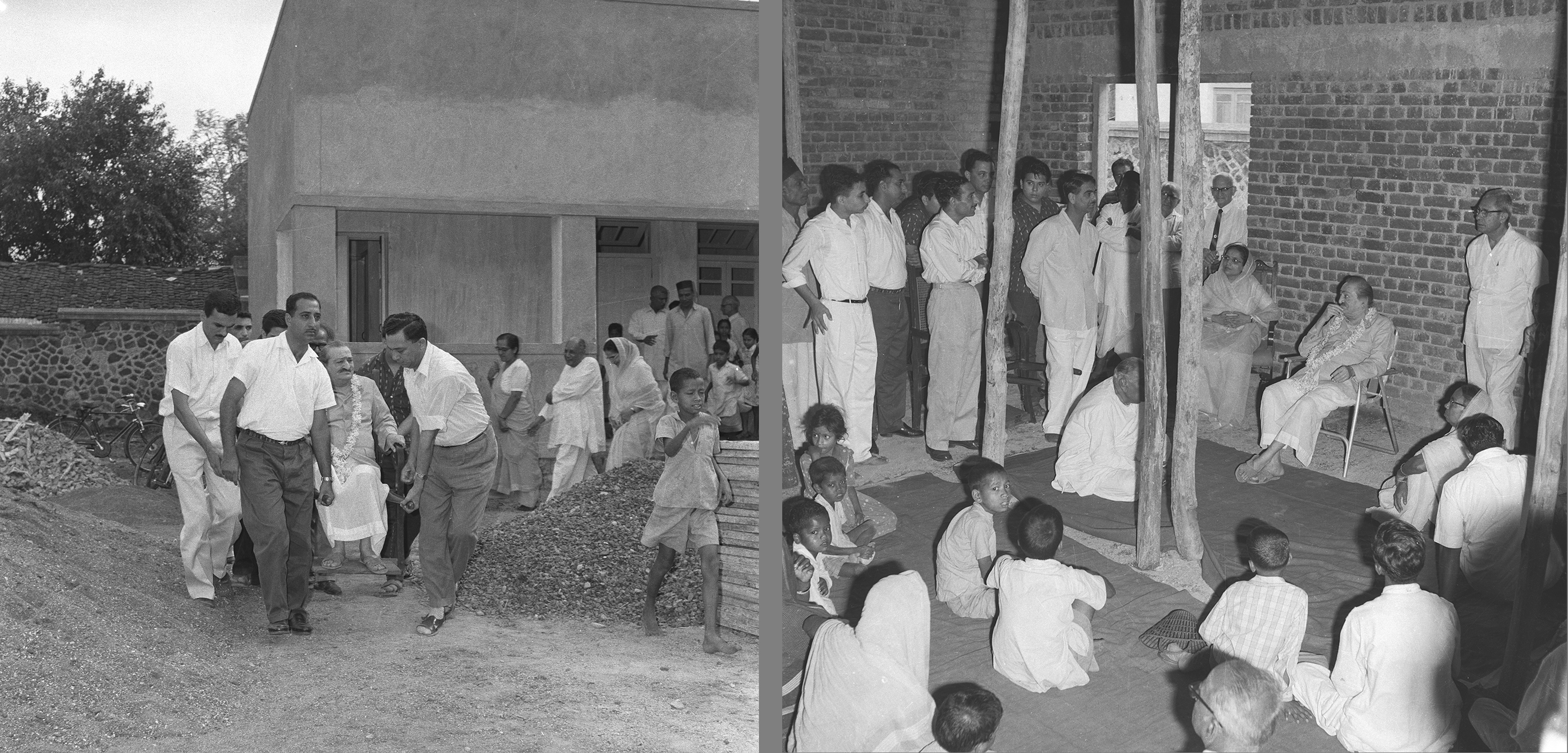 Poona Center under construction, June 1963 Dara Dadachanji, Jehangu Sukhadwalla, Adi Dubash carrying the lift-chair